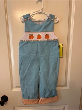 NWT Smocked Blue Pumpkin-Embroidered Toddler Overalls